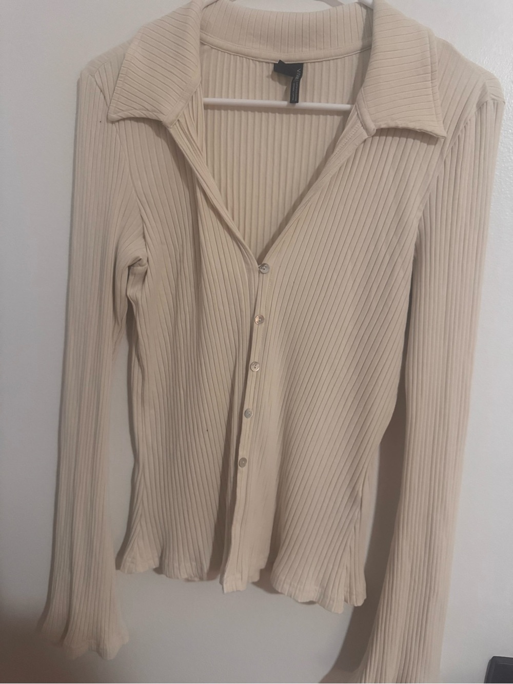 Simons Icone Ribbed Button-Front Long Sleeve Top in Cream size XL